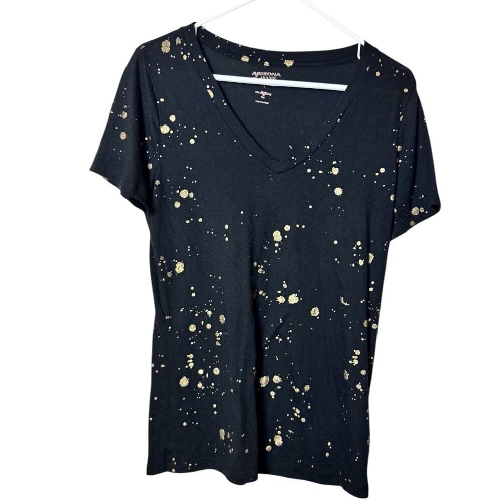 Arizona Jeans Splash Gold  Splatter Black and Gold Women's V-Neck Top Sz L